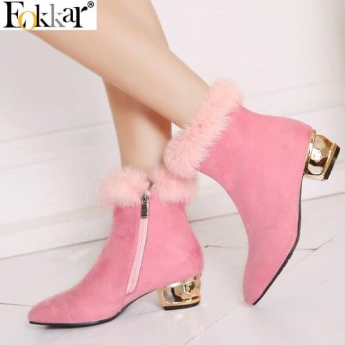 Eokkar 2020 Women Ankle Boots Squaare Mid Heel All Match Winter Warm Boots Fur Elegant Zipper Fashion Ladies Boot Size 34-43