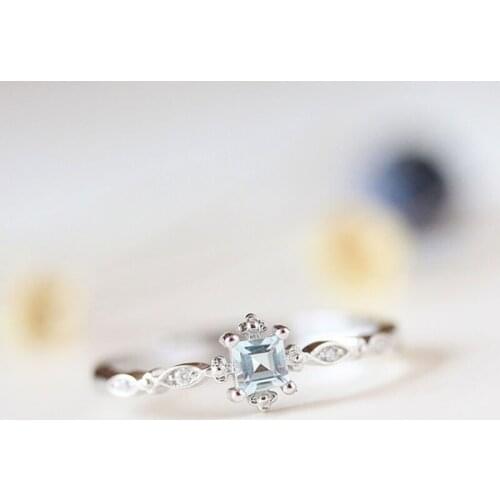 2020 Hot Simple Square Sea Blue Zircon Rings For Women Trendy Silver Color Jewelry Engagement Birthstone Party Gifts