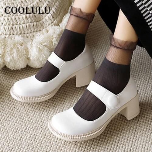 COOLULU 2021 Spring High Heels Mary Janes Shoes Women Block Heel Dress Pumps Button Round Toe Female Footwear White Big Size 43