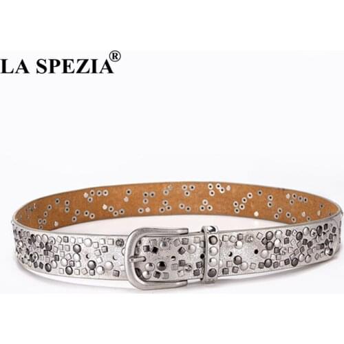 Women Belt Rivet Genuine Cow Leather Belt For Jeans Ladies Black Real Leather Brand Female Rock Pin Buckle Belts 110cm