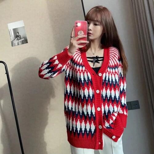2021 New Runway Cardigan Long Red Plaid Sweater Coat Loose Women Outwear V Neck Knitted Cardigan Ladies Jumpers Jersey Mujer