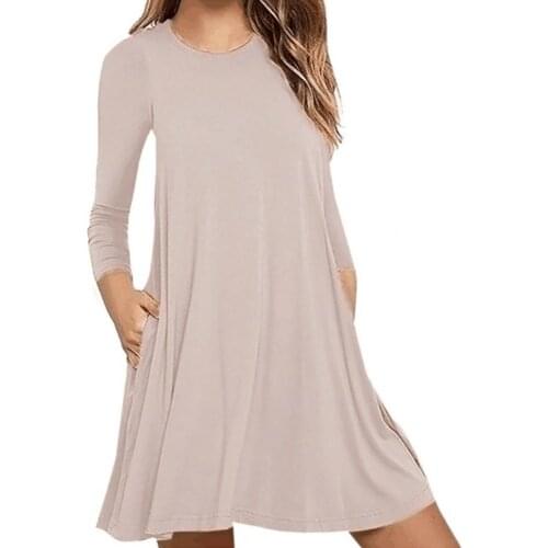 Round Neck Solid Mini Dress Above Knee Lady Long Sleeve Tunic Streetwear Pockets Loose A-Line Short Dresses for Women 2021