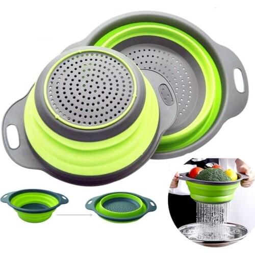2Pcs/Set Foldable Drain Basket Tools Kitchen Colander Fruit Vegetable Washing Basket Strainer Silicone Collapsible With Handle