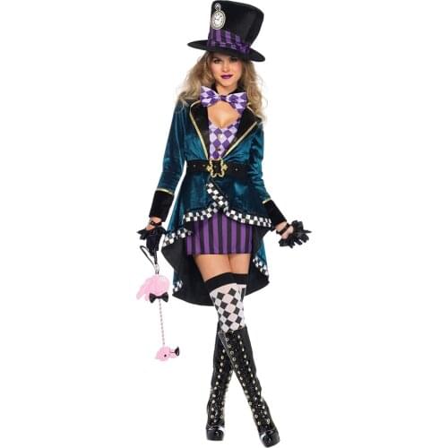 2021Alice in Wonderland Clown Mad Hatter Costume for Adults Women Fantasias Sexy Magician Cosplay Halloween Carnival Magic Dress