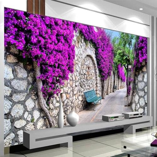 Photo Wallpaper 3D Stereo Purple Flowers Brick Murals Modern Street Wall Cloth Living Room Bedroom Home Decor Wall Covering 3 D