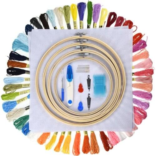5 Pieces Bamboo Cross Stitch Embroidery Hoop 100pcs Threads Scissors Needles Sewing Accessories For Women Embroidery Starter Kit