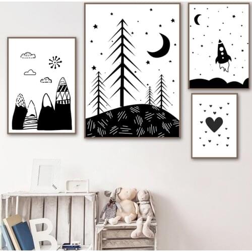 Abstract Black White Heart Mountain Moon Cloud Canvas Painting Nordic Posters And Prints Wall Art Pictures for Kids Room Decor