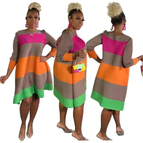 Large Size 4XL Womens Temperament Slim A-line Skirt Color Stripe Casual Color Matching Middle Sleeve Elegant African Dress