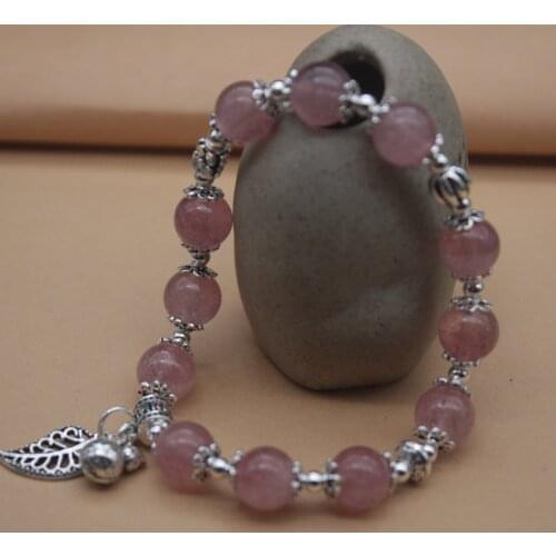 Sterling S925 Silver Bracelet Womens Strawberry Crystal Beads 8mm Luck Leaf Bell Link Tassel 16cmL/6.3inchL Chain Bracelet