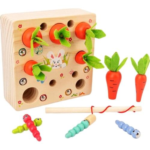 Wooden Montessori Educational Toy Carrot Shape Matching Size Catch Worm Farm Harvest Game