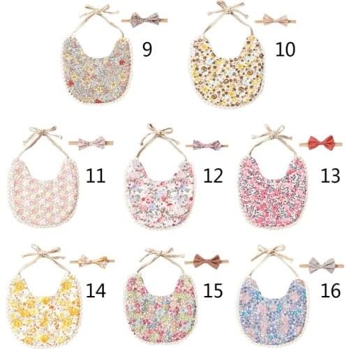 GXMB Baby Cotton Linen Printing Bowknot Headband Bibs Set Double Sided Feeding Saliva Towel Bandana Scarf Hair Band for Newborn