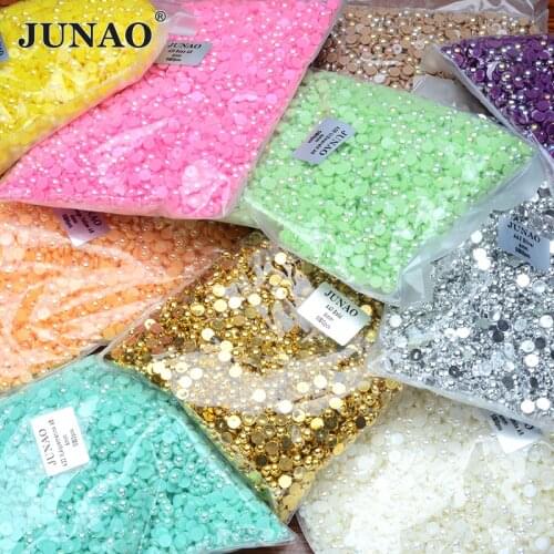 JUNAO 2 4 6 8 10 12 14mm Gold Silver Colors Flatback Pearl Beads Half Round Pearls Rhinestones Glue on Crystal Stones For DIY