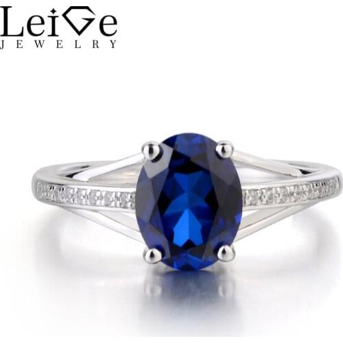 Leige Jewelry Lab Blue Sapphire Ring Oval Cut Gemstone September Birthstone Engagement Ring 925 Sterling Silver Ring for Women