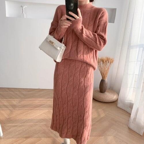 Autumn Womens Knitting Skirts Sets 2021 Ladies Long Sleeve O-Neck Pullover Tops+Pencil Knitted Skirt for Female Solid Color