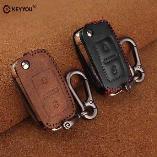 KEYYOU 2 Buttons Leather Car Key Case Cover For VW Volkswagen Polo Golf MK4 Passat Bora Jetta Altea Touran Transporter Sharan