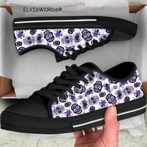 ELVISWORDS Solid Color Flower Skull Pattern Casual Lace-up Sneakers for Women Ladies Breathable Vulcanized Shoes zapatos mujer