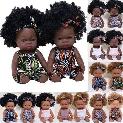 35cm Black Reborn Baby Doll Bath Play Baby Doll with Summer Dress Full Silicone African Reborn Bebe Toys Girl Curl Hair Doll