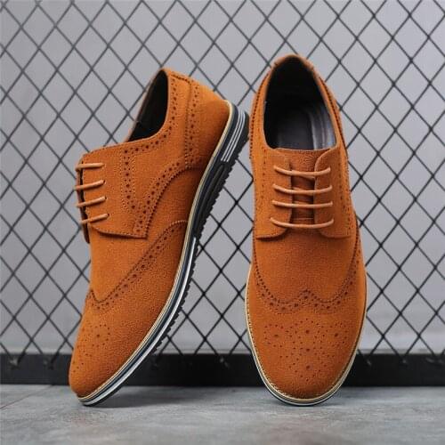 Yomior Men Casual Big Size Shoes Spring Autumn Cow Suede Lace-Up Breathable Loafers Soft Leather Flats Vintage Brogue Shoes