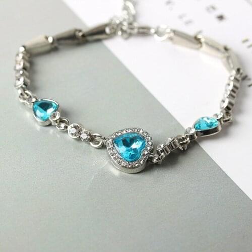 New Fashion Womens Ladies Crystal Rhinestone Bangle Ocean Blue Bracelet Chain Heart Jewelry Wedding AnniversaryParty Gift