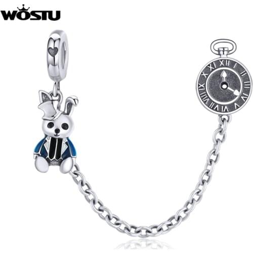 WOSTU Mr. Rabbit Safety Chain 925 Sterling Silver Bunny & Clock Charms Fit Original Bracelet Pendant Party S925 Jewelry CQC1443