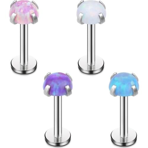 4PC 2mm 3mm 4mm Opal Internally Threaded Stainless Steel Labret Monroe Lip Ring Tragus Helix Earring Stud 16G 1/4" 6mm