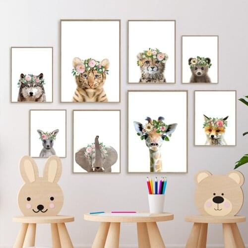 Tiger Giraffe Elephant Bear Wolf Jungle Animal Wall Art Canvas Painting Nordic Posters And Prints Baby Kids Room Decor Pictures
