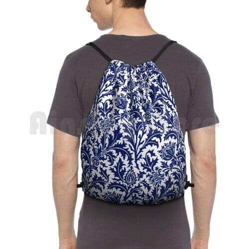 William Morris Thistle Damask , Cobalt Blue And White Backpack Drawstring Bags Gym Bag Waterproof William Morris Art