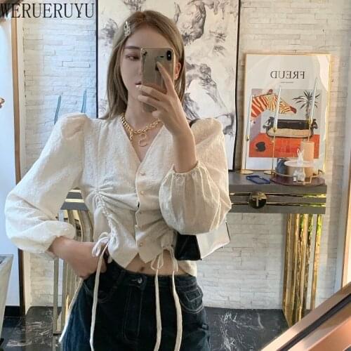 WERUERUYU Korean 2021 summer solid color vintage new women shirts puff sleeve square sexy small V-neck Slim blouse
