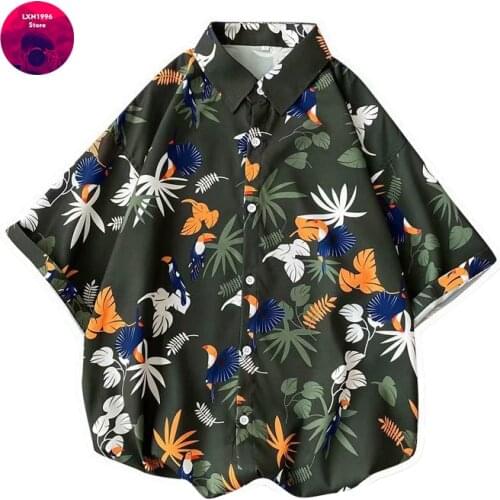 Japanese Fashion Harajuku Beach Mens Short Sleeve Hawaiian Shirt Summer New Arrival Casual Shirt Loose Blouse Surf Chemise Homme