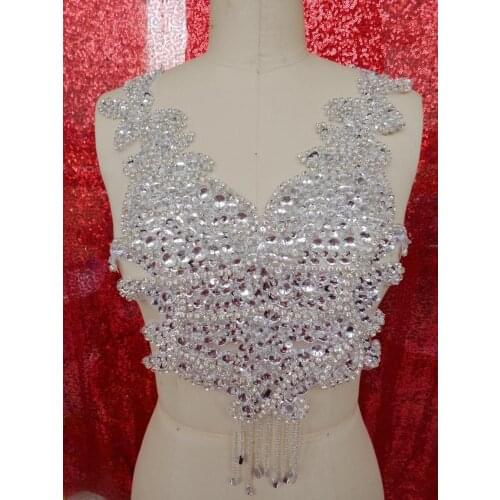 ZBROH Silver handmade 40*25cm crystal rhinestones applique sew on flower patches for dress Collar DIY Manual accessories