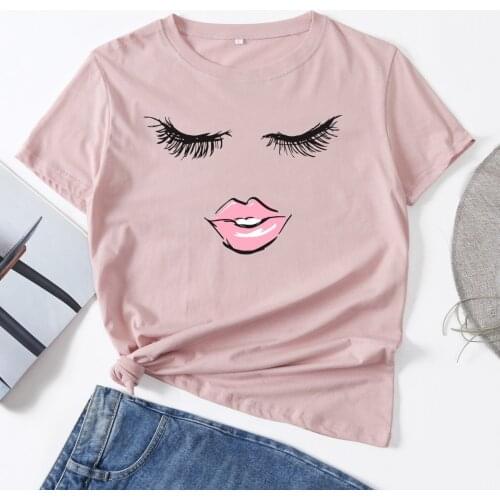 Eyelashes With Lips Eye Lash Woman T-Shirt Short Sleeve T-Shirts Summer Tops for Women Cotton Graphic Tee Female Shirt Clothes