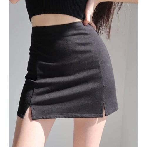 Vintage sexy side slits Slim all-match black short skirt high waist elastic short package hip skirt half-length skirt female y2k