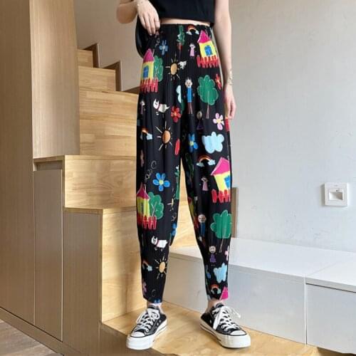 JMPRS Graffiti Women Ankle-Length Pants Summer Chiffon Hand Painted Harem Pleated Black Casual Loose Female Streetwear Pants New