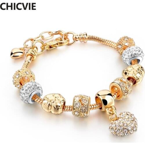 CHICVIE NEW Gold Color Love Heart Bracelets & Bangles For Women Charm Brand Jewellery Making Adjustable Bracelet Femme Sbr160059