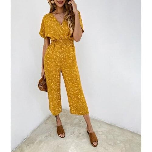 Women Casual Cotton Polka Jumpsuits Summer New Arrival 2021 Deep V-neck Pocket Print Clothes Short Sleeve Wide Leg Jumpsuit Lady