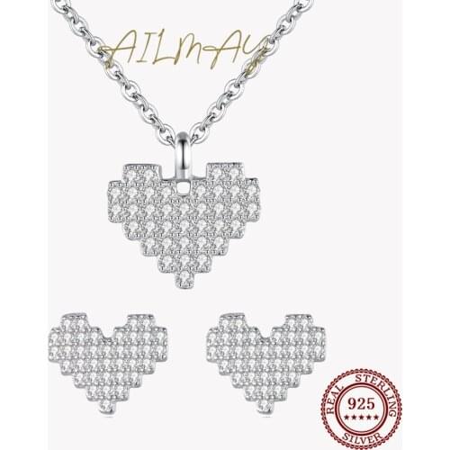 Ailmay Genuine 925 Sterling Silver Heart Necklace Earrings Love Sparkling CZ Set For Women Wedding Engagement Jewelry Gift