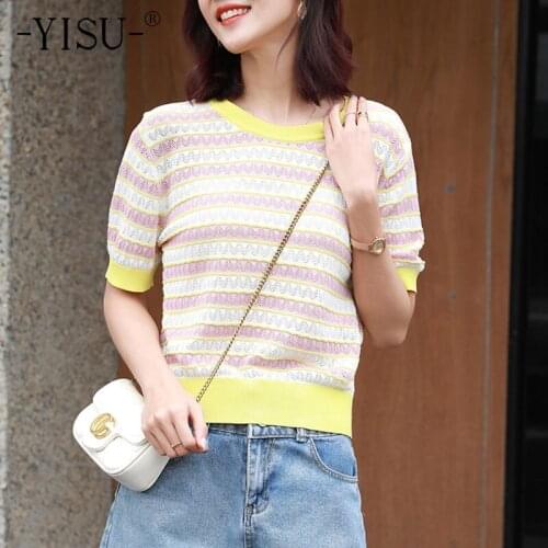 YISU 2021 New Thin section Summer Womens sweaters Summer tops Stripe V-Neck Short sleeve Jumper Sweater Casual Knitted Pullover