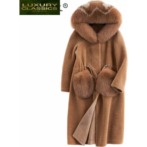 Fur Coat Female Real Winter Thick Sheep Shearing Jacket + Large Fox Fur Hooded Korean Warm 100% Wool Coat Hiver B18F23891