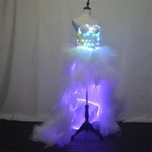 P24 Female ballroom dance RGB colorful light full dress bar perform wears long Trailing skirt luminous outfits dress led costume