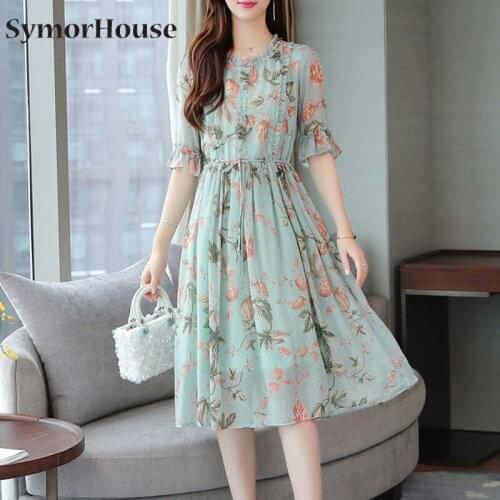 Plus Size Petal Sleeve A-line Dress Female 2021 Summer O-Neck Slim Floral Printed Chiffon Dresses Women Knee-length Vestidos