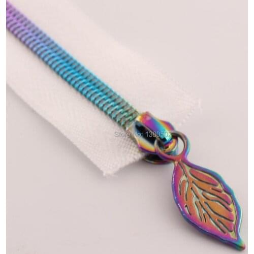 1 yard Rainbow color Beautiful Zipper and 1pcs Leaves zipper sliders metal zipper heads pull Diy Garment shoes bag accessories