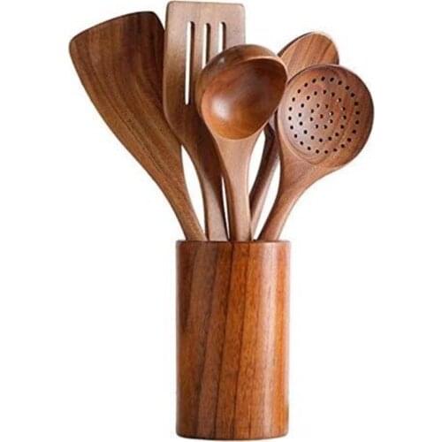 8Pcs Teak Tableware Spoon Colander Long Handle Spoon Wooden Non-Stick Special Spatula Kitchen Tool Set Gift With Holder for Soup