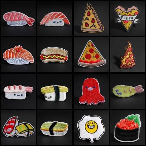 Fruit food Sushi, hot dog, pizza, French fries, poached egg, apple, chili patches appliques embroidered patch DIY accessories