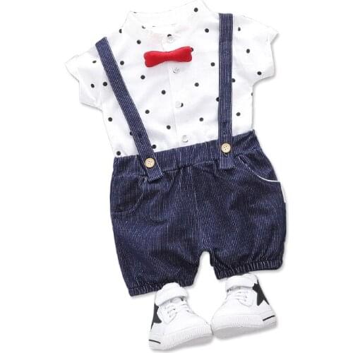 Summer Baby Boy Clothes Infant Gentleman Bow Dot T Shirt Bib Pants 2pcs/sets Toddler Fashion Garment Children Casual Sport Suits