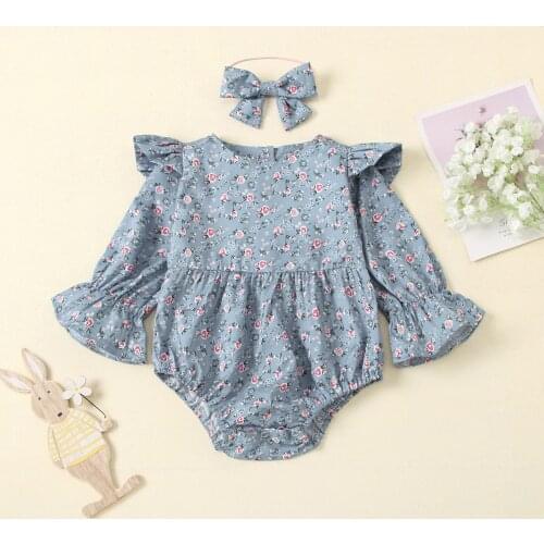 Princess Baby Girls Rompers Spring Autumn Newborn Infant Baby Girls Floral Print Flare Sleeve Rompers Jumpsuits Headband Outfits