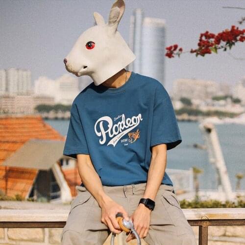 Summer five-minute sleeves simple loose solid color dinosaur print round collar fashionable mens cotton casual T-shirt