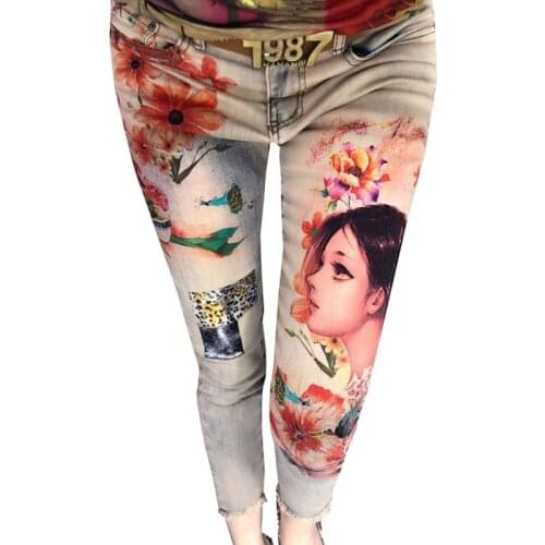 3D Stretchy Flowers Fashion Women Colorful Painted Floral Jeans Sexy Female Streetwear Denim Pants Trousers Skinny Pencil Pants