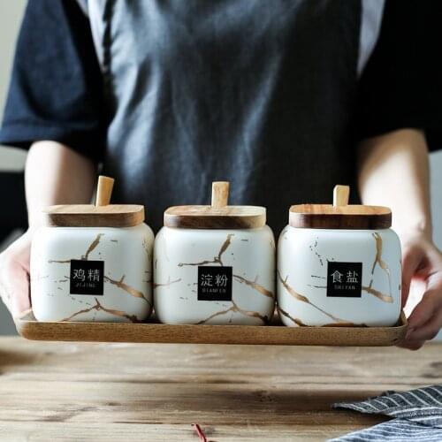 A Set of Potted Condiments,a Luxurious Silk, Marble Pattern In Scandinavian Style,a Special Can,wood Covered,kitchen Accessories