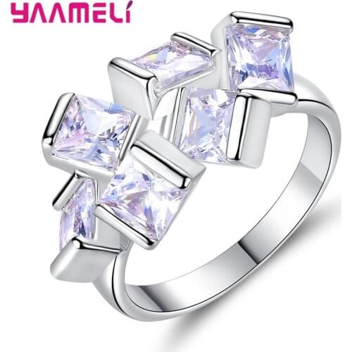 Real 925 Sterling Silver Rings Shining Clear Cubic Zirconia Small Square Crystal Jewelry For Women Engagement Jewelry Promotion