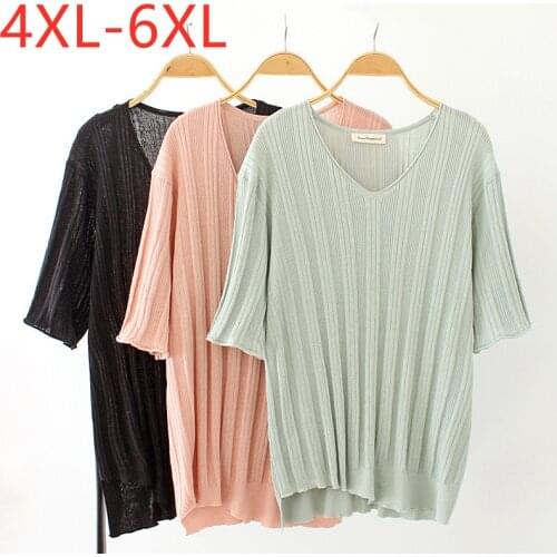 New 2021 Ladies Summer Plus Size Knit Tops For Women Large Short Sleeve Loose Thin Pink Green Fold V-neck T-Shirt 4XL 5XL 6XL